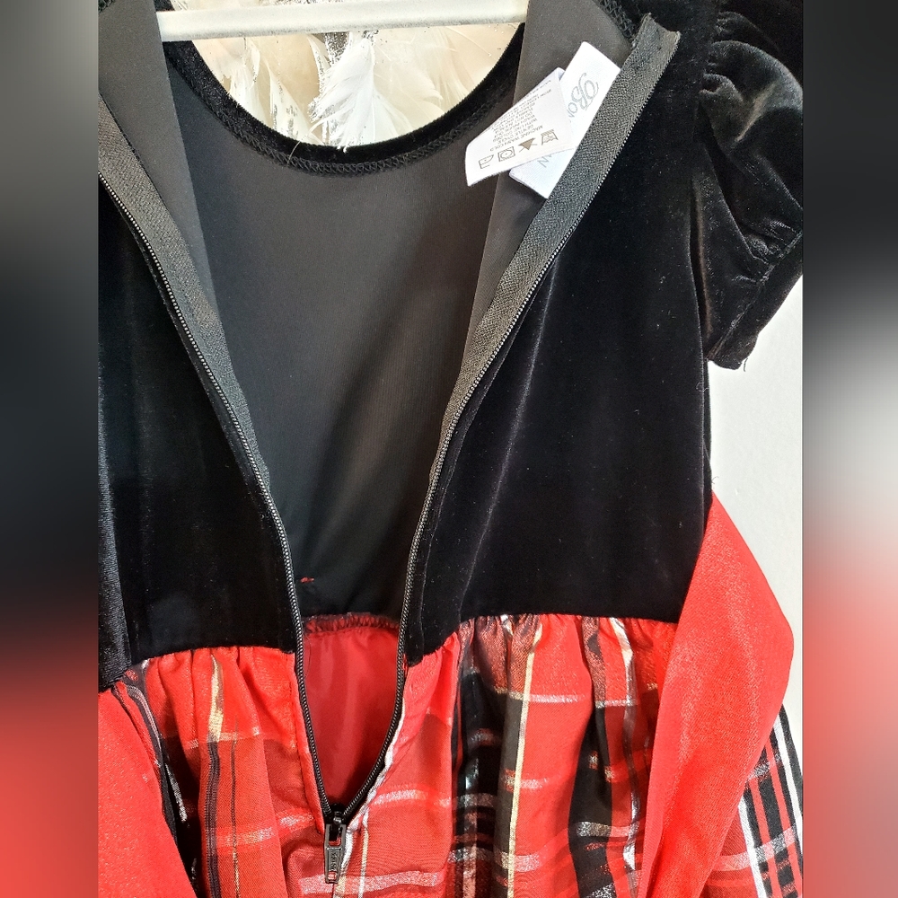 Girl's Bonnie Jean red, black, silver plaid holiday velvet taffeta dress Sz 6X - Picture 5 of 11